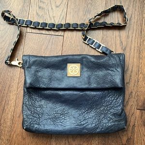Tory Burch Dena Fold Over Convertible Gold Chain Navy Leather Shoulder Bag